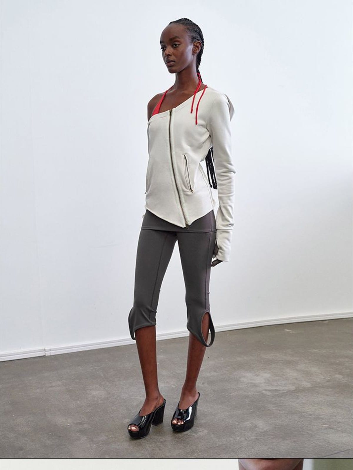 RARELY ALIKE Asymmetric Off Shoulder Sweatshirt in White - On Female Model