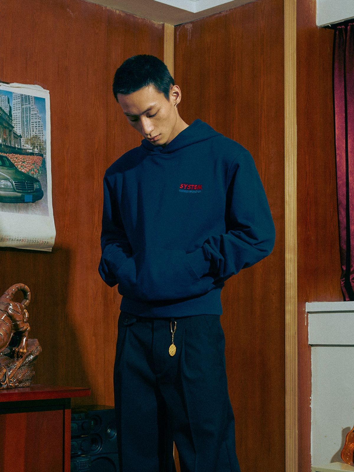 SOD Embroidered Padded Shoulder Hoodie in Blue - On Male Model