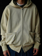 USAGE Hand Distressed Washed Zip Hoodie in Beige - On Male Model