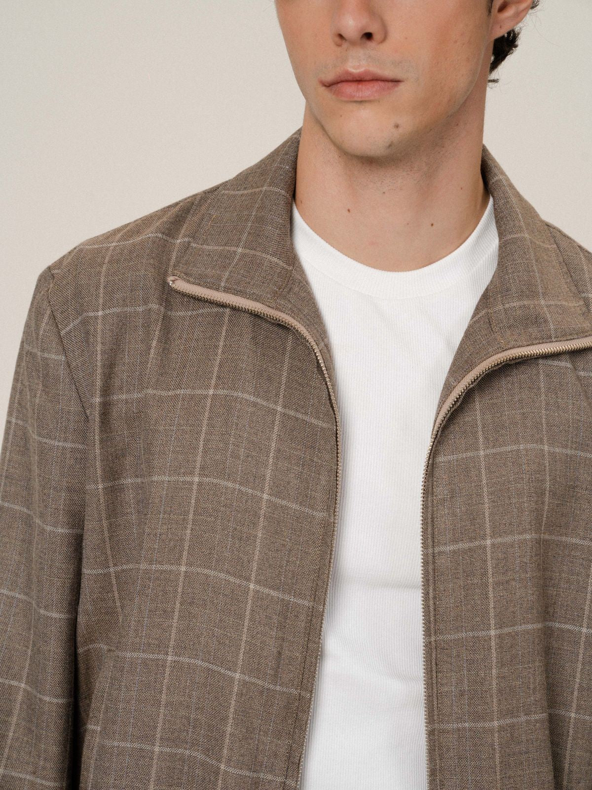 Retro 21 Silk Wool Plaid Double Zip Jacket in Brown - On Male Model