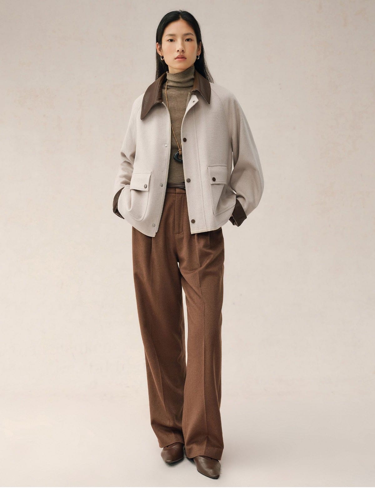 TEASEL Cropped Silk Camel Hair Barn Jacket in Oatmeal - On Female Model