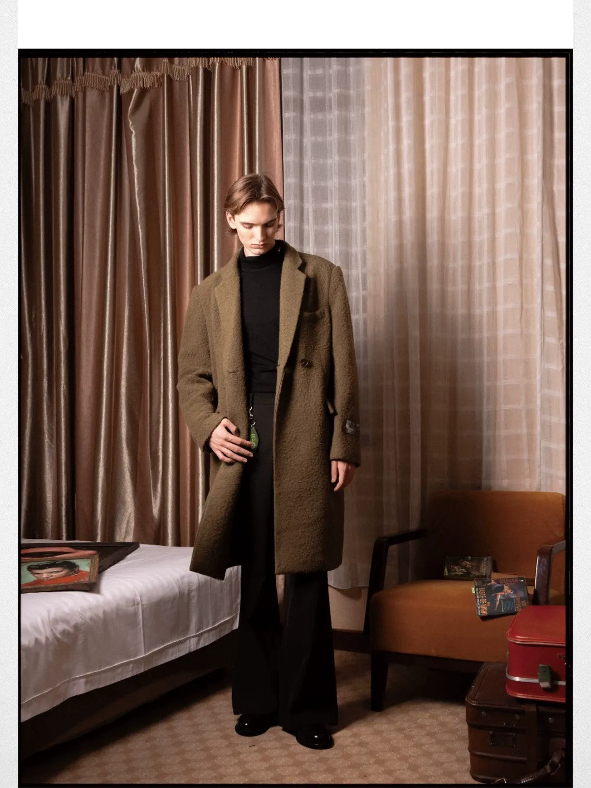 SOD Oversized Double Breasted Wool Blend Coat in Green - On Male Model