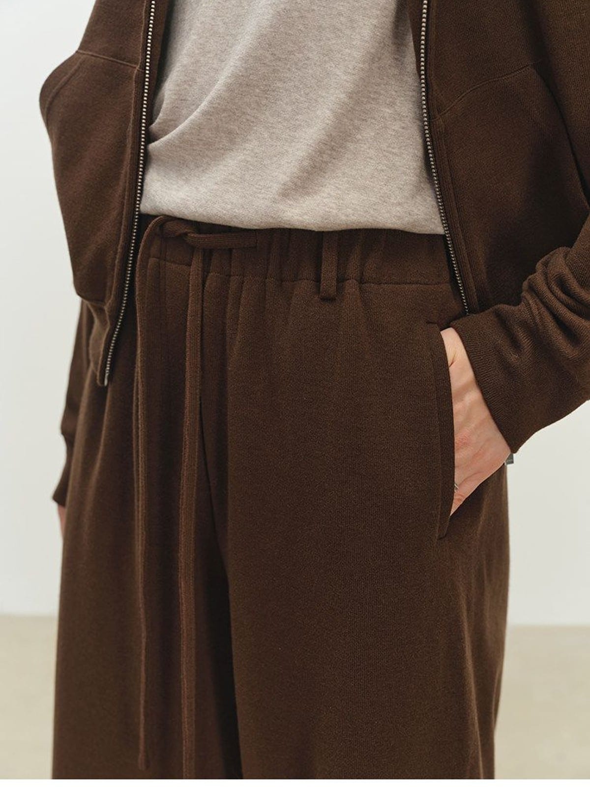 MSBEAST Wool Blend Cropped Hoodie Sweatpants Set in Brown - On Model
