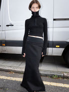 RARELY ALIKE Double Waistband Mermaid Maxi Skirt in Black - On Female Model