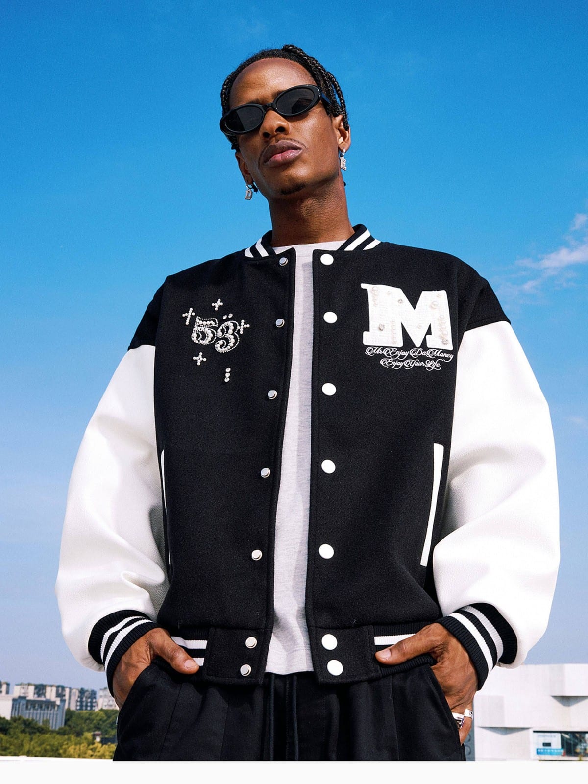 MEDM Pearl Embellished Varsity Jacket in Black - On Male Model