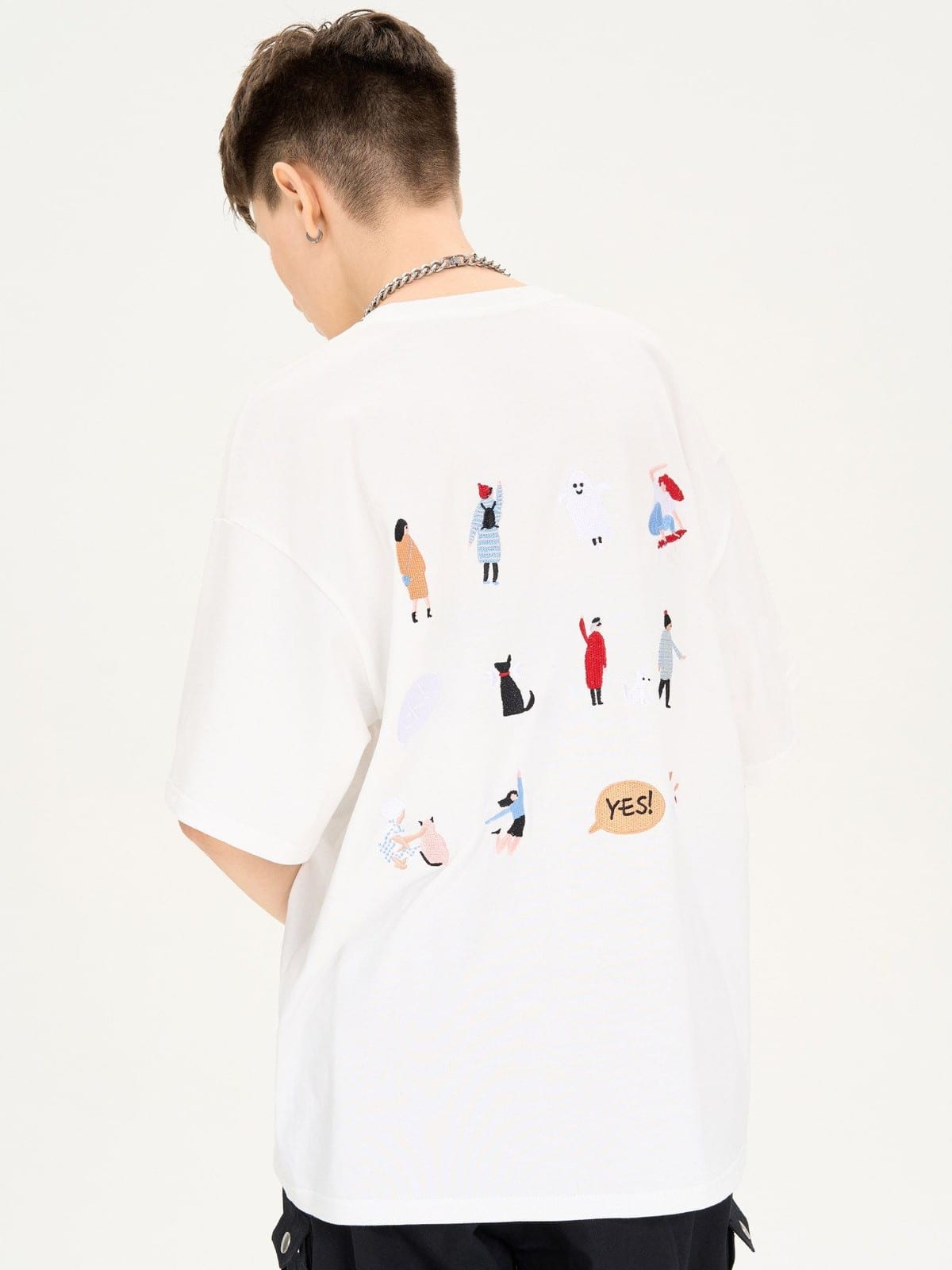 LOSTCTRL Cartoon Embroidery Cotton T Shirt in White - On Model