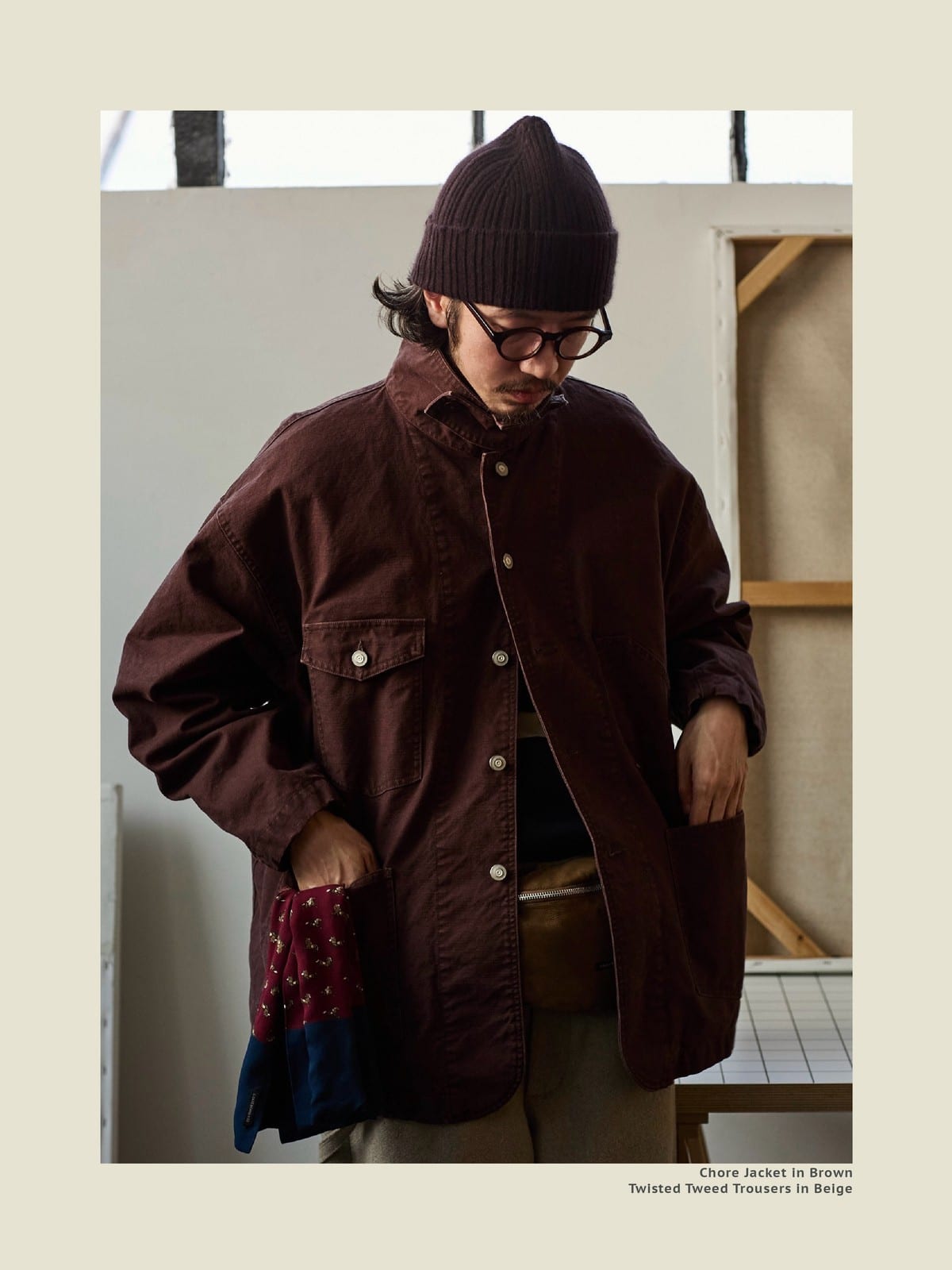 USAGE Washed Heavyweight Cotton Chore Jacket in Brown - On Male Model