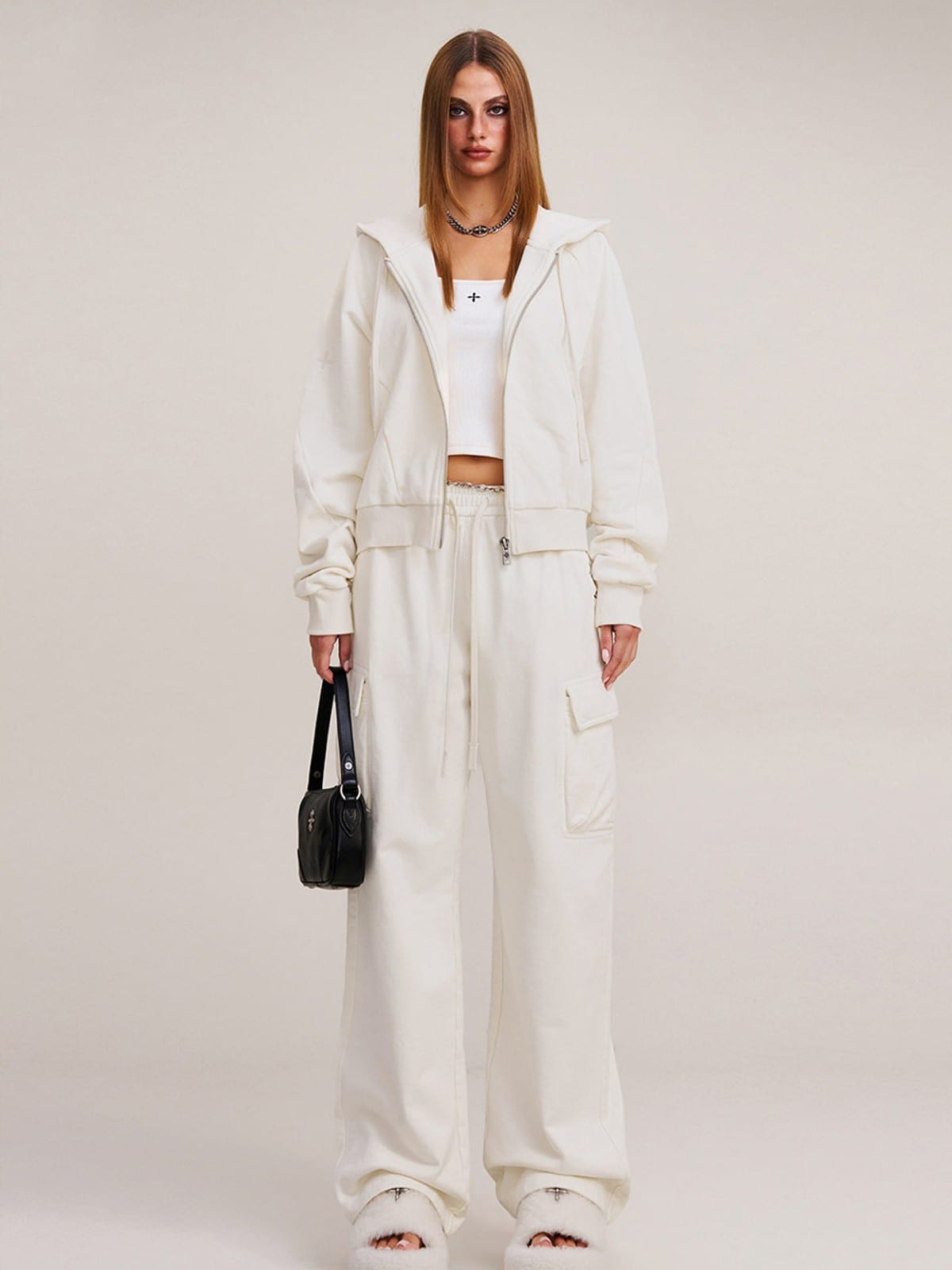 SMFK Garment Dyed Cotton Zip Up Hoodie in White - On Female Model