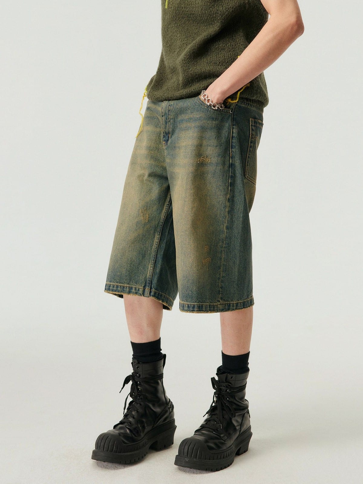 SIMPLE PROJECT Distressed Heavy Wash Denim Shorts in Blue - On Model