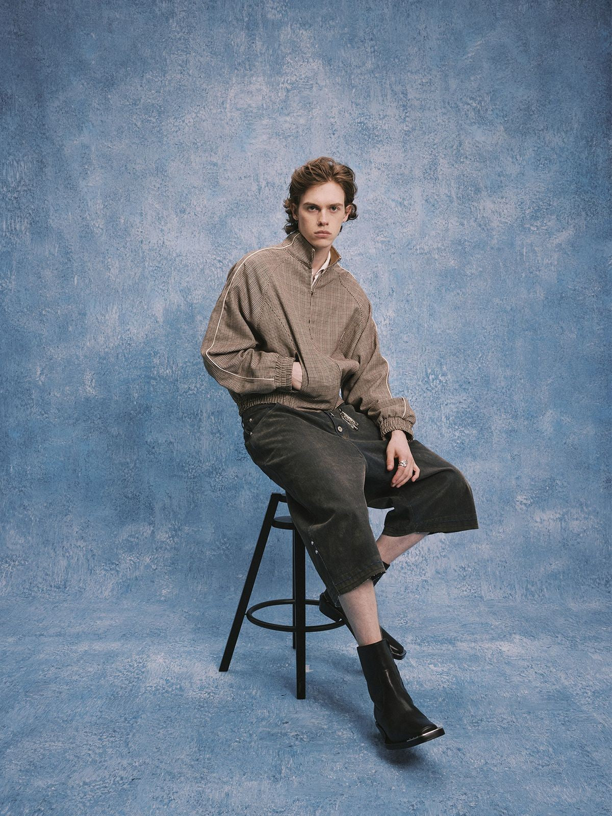 SOD Wool Blend Houndstooth Track Jacket in Khaki - On Male Model