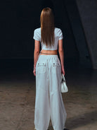 SMFK Wide Leg Cotton Cargo Sweatpants in White - On Female Model