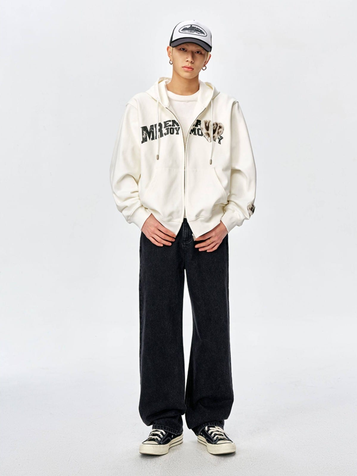 MEDM Washed Wide Leg Jeans in Black - On Male Model