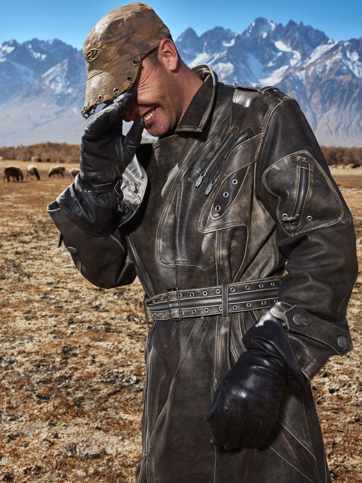 PERSONSOUL Distressed Calfskin Leather Trench Coat in Black - On Male Model
