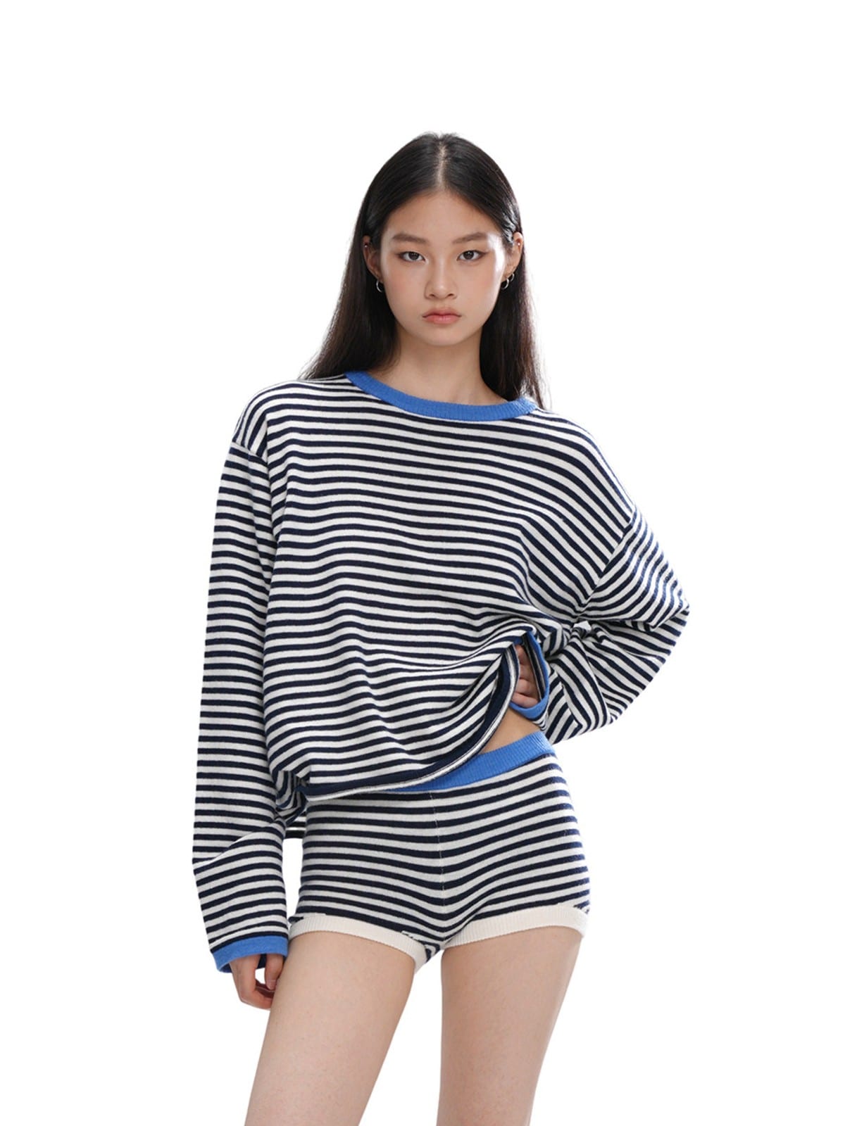 SweetChilling Striped Wool Blend Crewneck Sweater in White - On Female Model