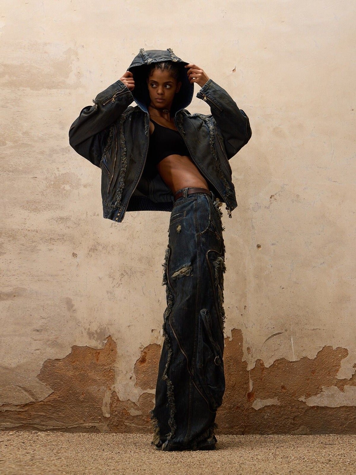 PERSONSOUL Distressed Hooded Denim Jacket in Denim - On Female Model