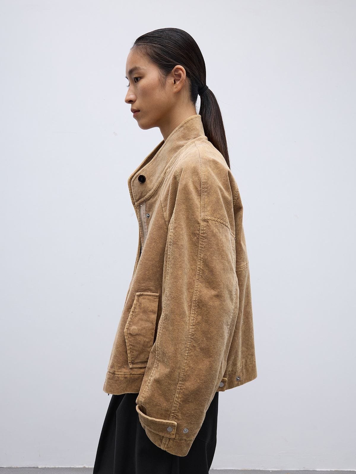 Random Piece Distressed Corduroy Cropped Jacket in Beige - On Female Model