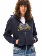 alright then Washed Cotton Graphic Zip Up Hoodie in Blue - On Female Model