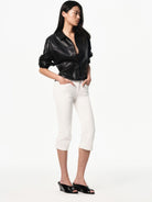 RARELY ALIKE Cropped Faux Leather Button Down Shirt in Black - On Female Model