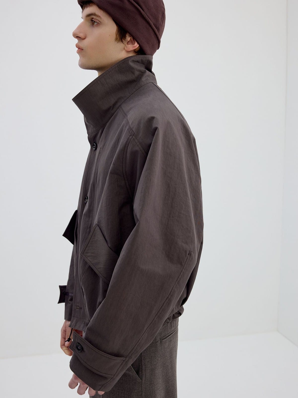 SIMPLE PROJECT Cotton Nylon High Neck Jacket in Brown - On Male Model