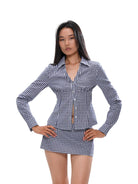 SweetChilling Gingham V Neck Button Up Shirt in Blue - On Female Model