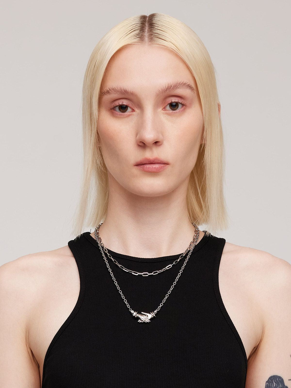 BLACKHEAD Double Layer Magnetic Hand Necklace in Silver - On Female Model