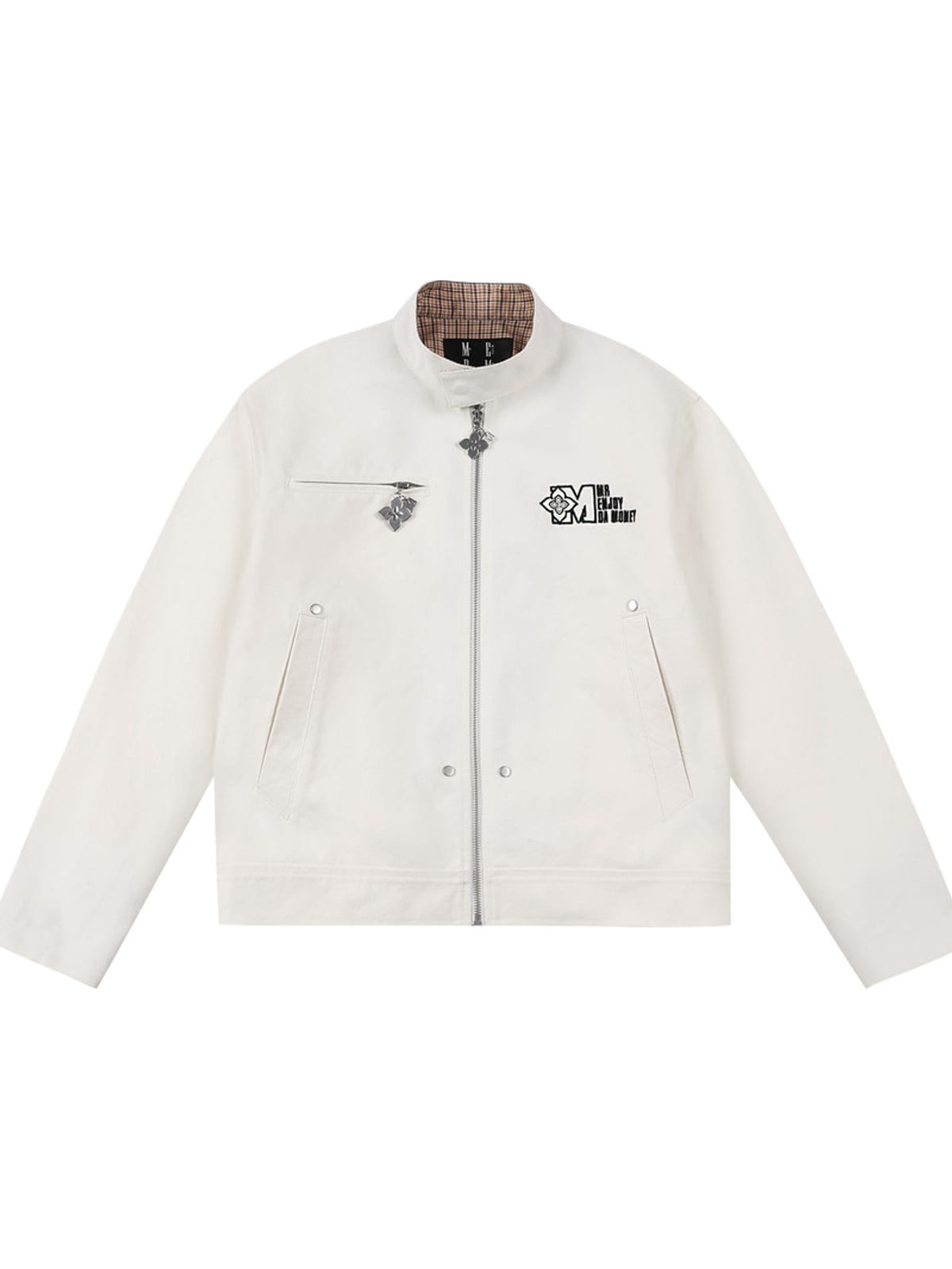 MEDM Plaid Collar Cotton Zip Up Jacket in White