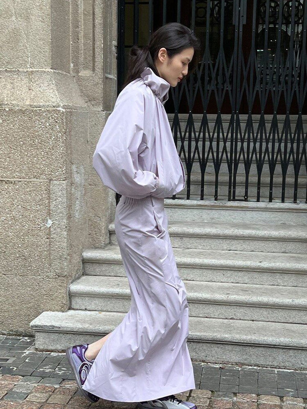 RARELY ALIKE Adjustable Collar Balloon Sports Jacket in Lavender - On Female Model