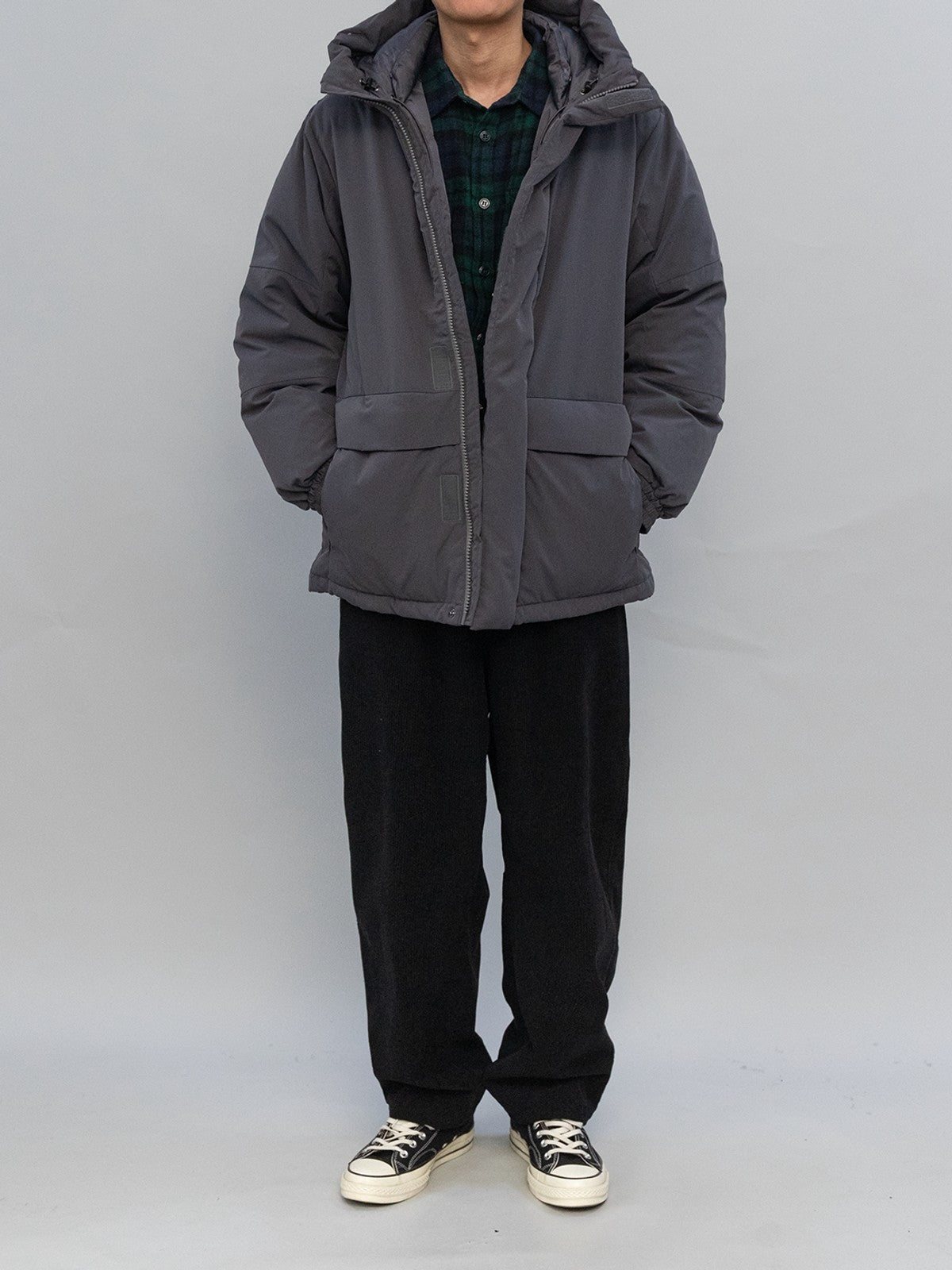 Soda Mid Length Hooded Down Puffer in Black - On Male Model