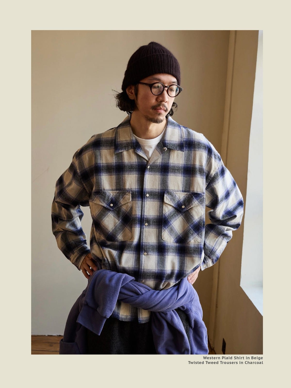 USAGE Brushed Plaid Western Shirt in Purple - On Male Model
