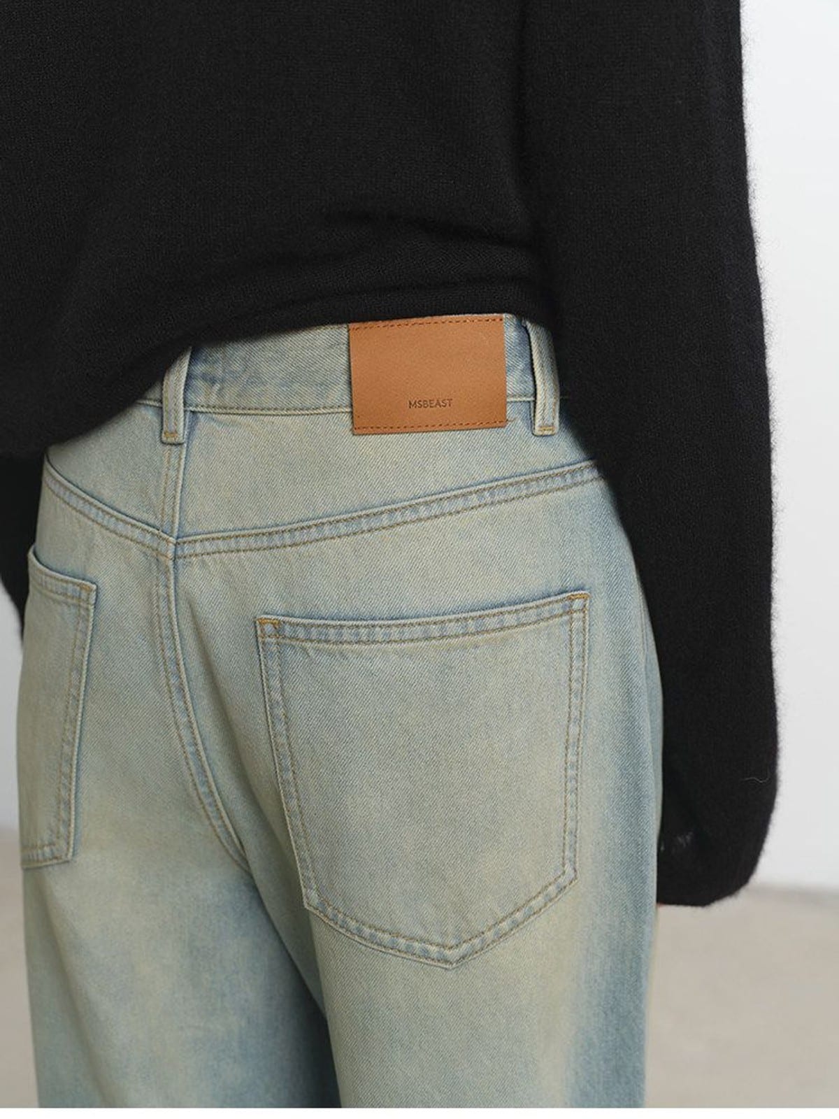 MSBEAST Dirty Wash Drawstring Wide Leg Jeans in Sky Blue - On Model