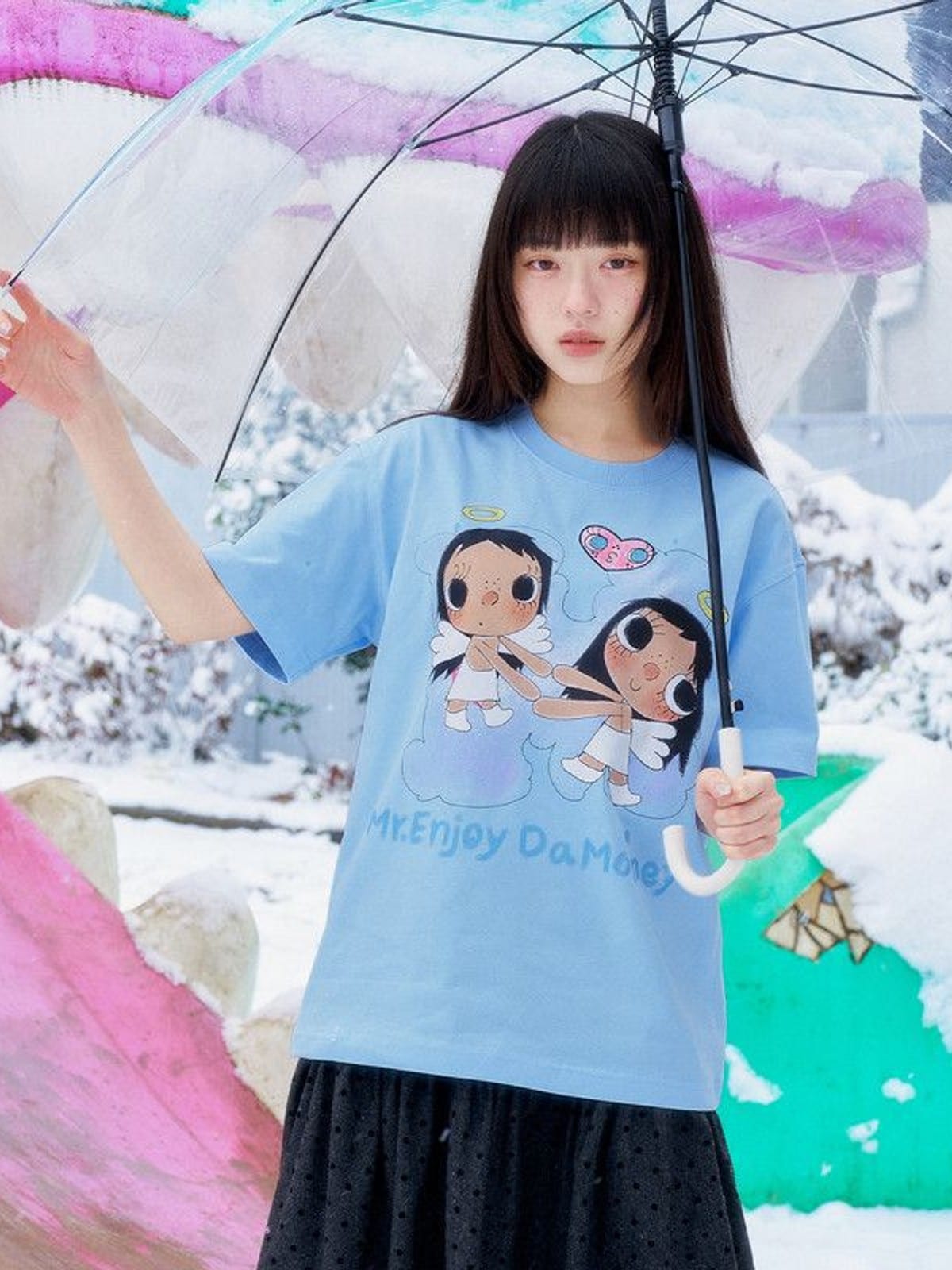 MEDM Embroidered Heart Cotton T Shirt in Sky Blue - On Female Model