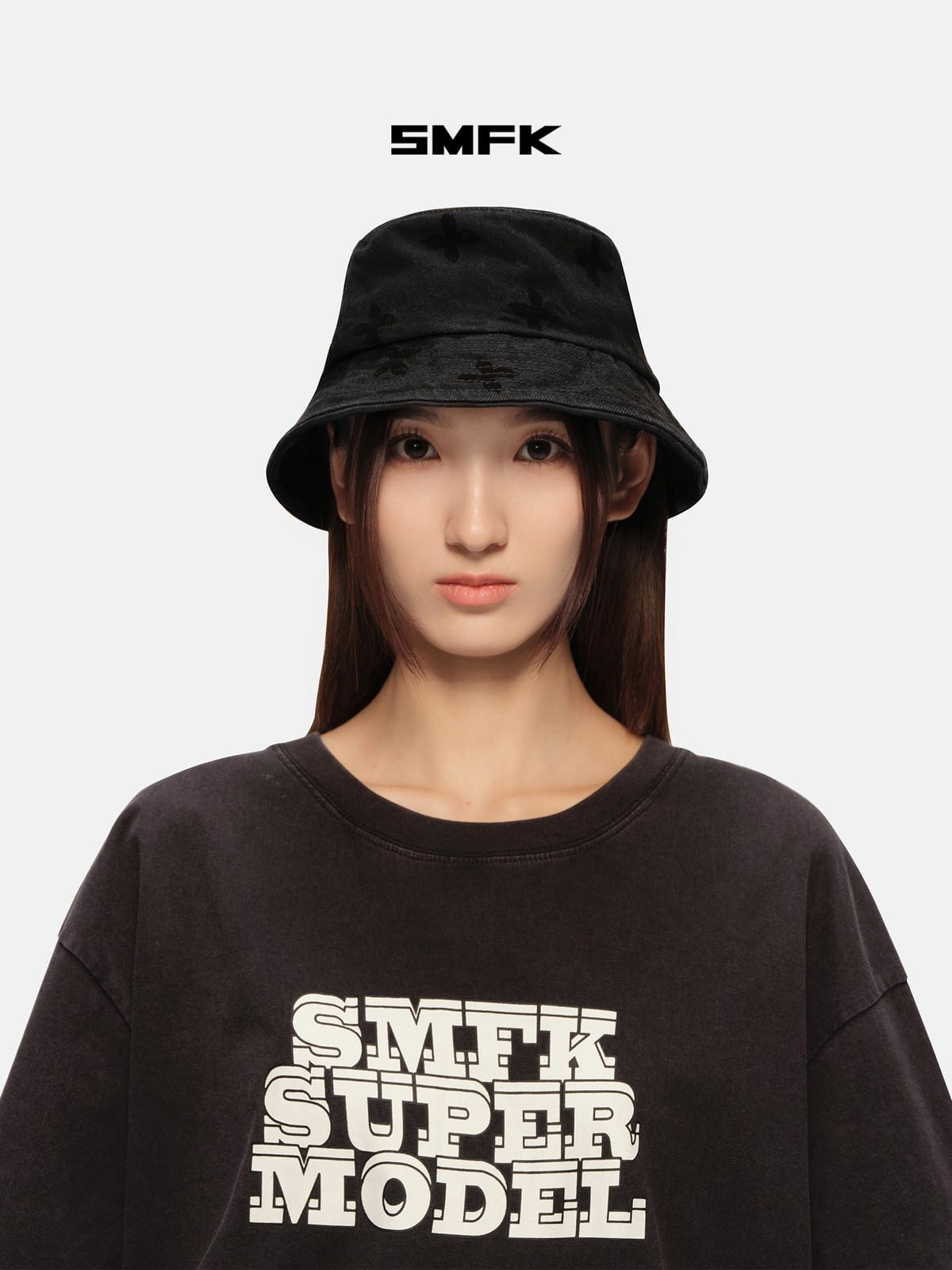 SMFK Distressed Frayed Denim Bucket Hat in Black - On Female Model