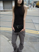 RARELY ALIKE Curved Leg Flared Dress Pants in Gray - On Female Model