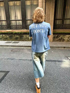 VLABMADE Distressed Slogan Boxy T Shirt in Blue - On Model