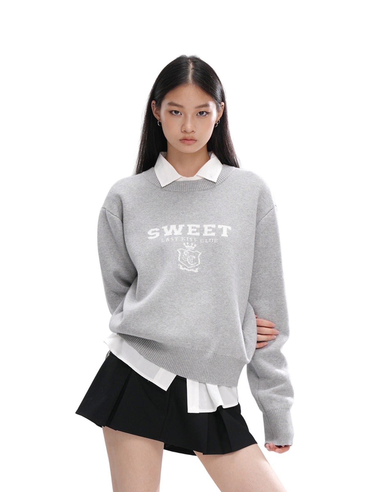 SweetChilling Layered Look Jacquard Crewneck Sweater in Gray - On Female Model