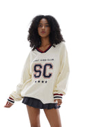 SweetChilling Embroidered V Neck Rugby Sweatshirt in Yellow - On Female Model
