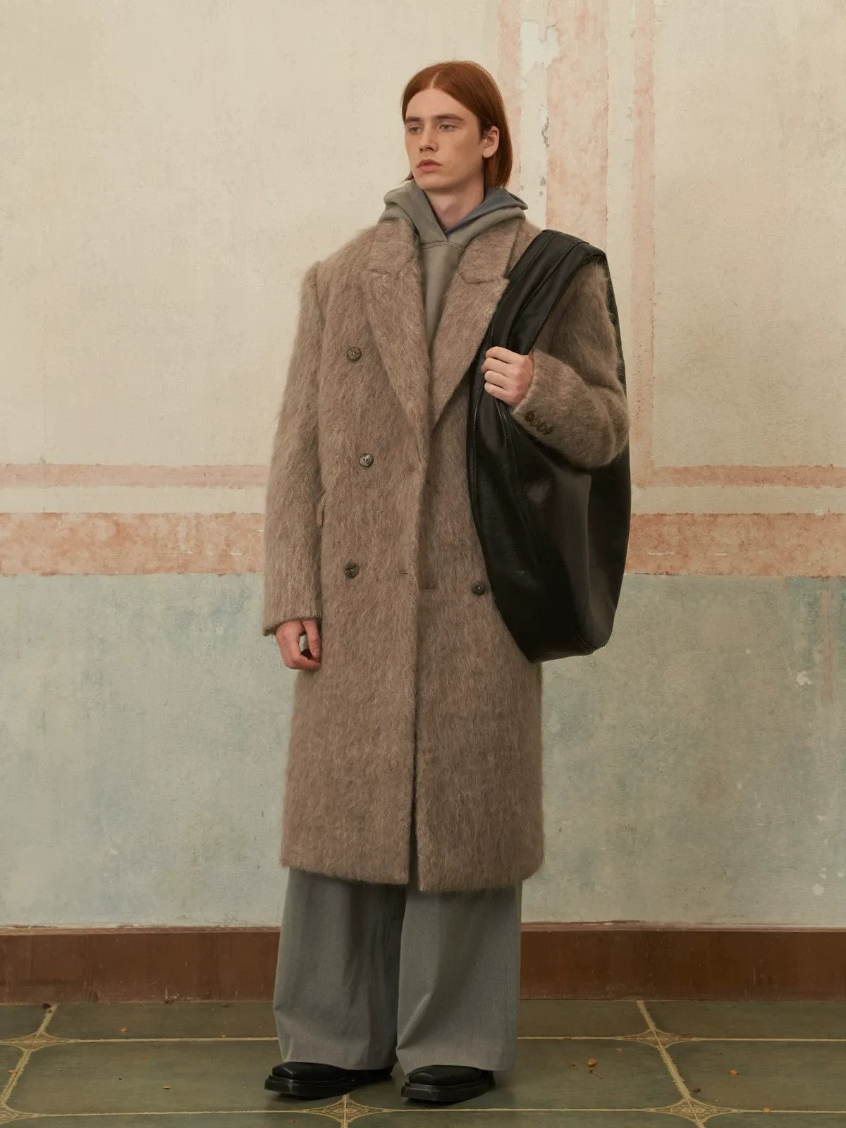 Retro 21 Long Pile Wool Double Breasted Coat in Camel - On Male Model