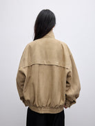 Random Piece Sheepskin Suede Stand Collar Jacket in Khaki - On Model