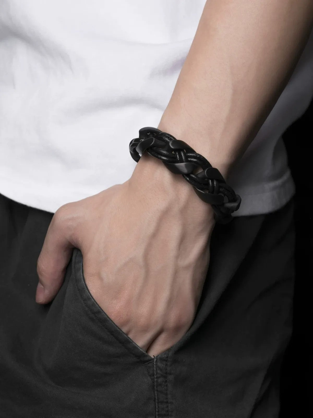BLACKHEAD Braided Cowhide Steel Bracelet in Black - On Male Model