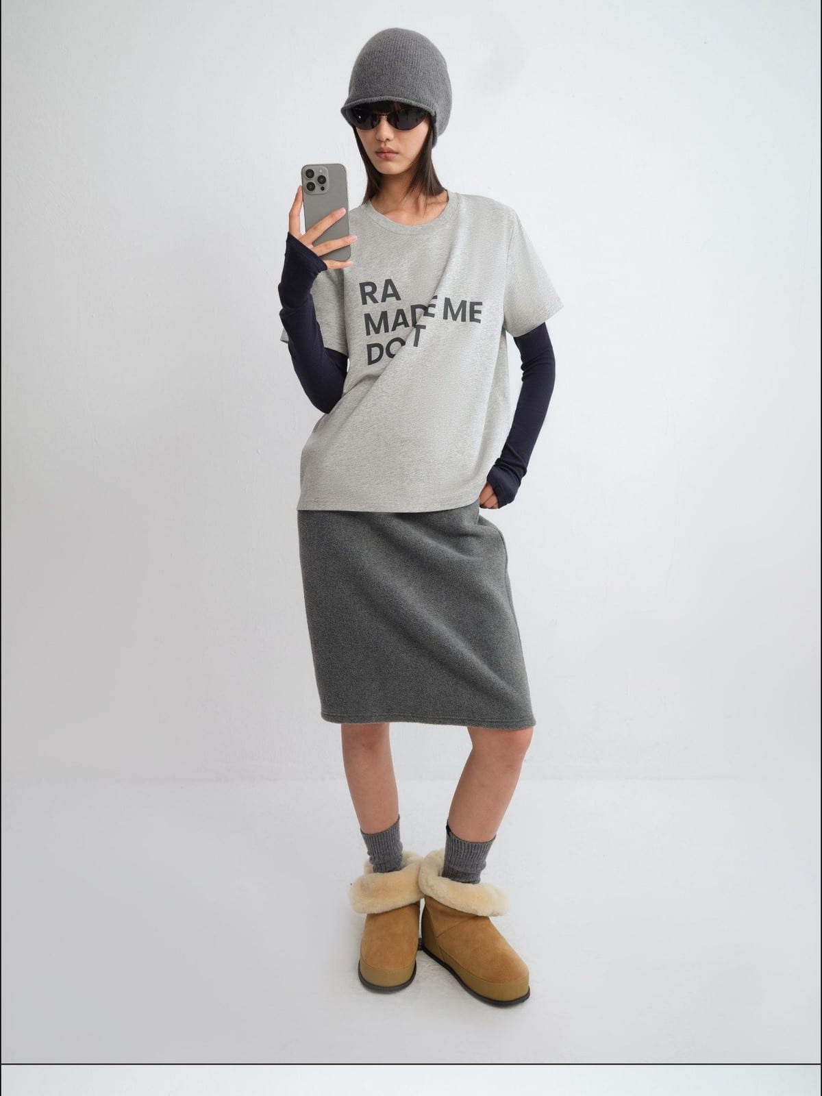 RARELY ALIKE Anniversary Slogan Cotton T Shirt in Gray - On Female Model