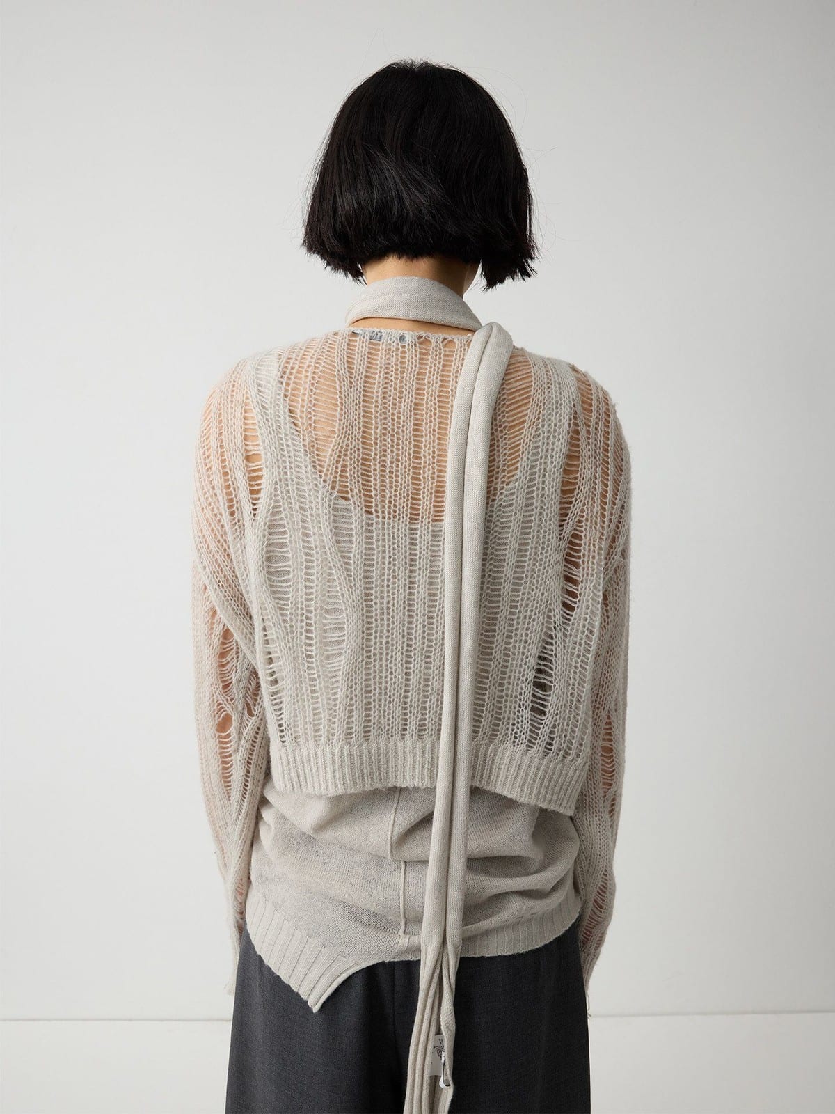 Random Piece Alpaca Blend Pointelle Tie Front Cardigan in Beige - On Model