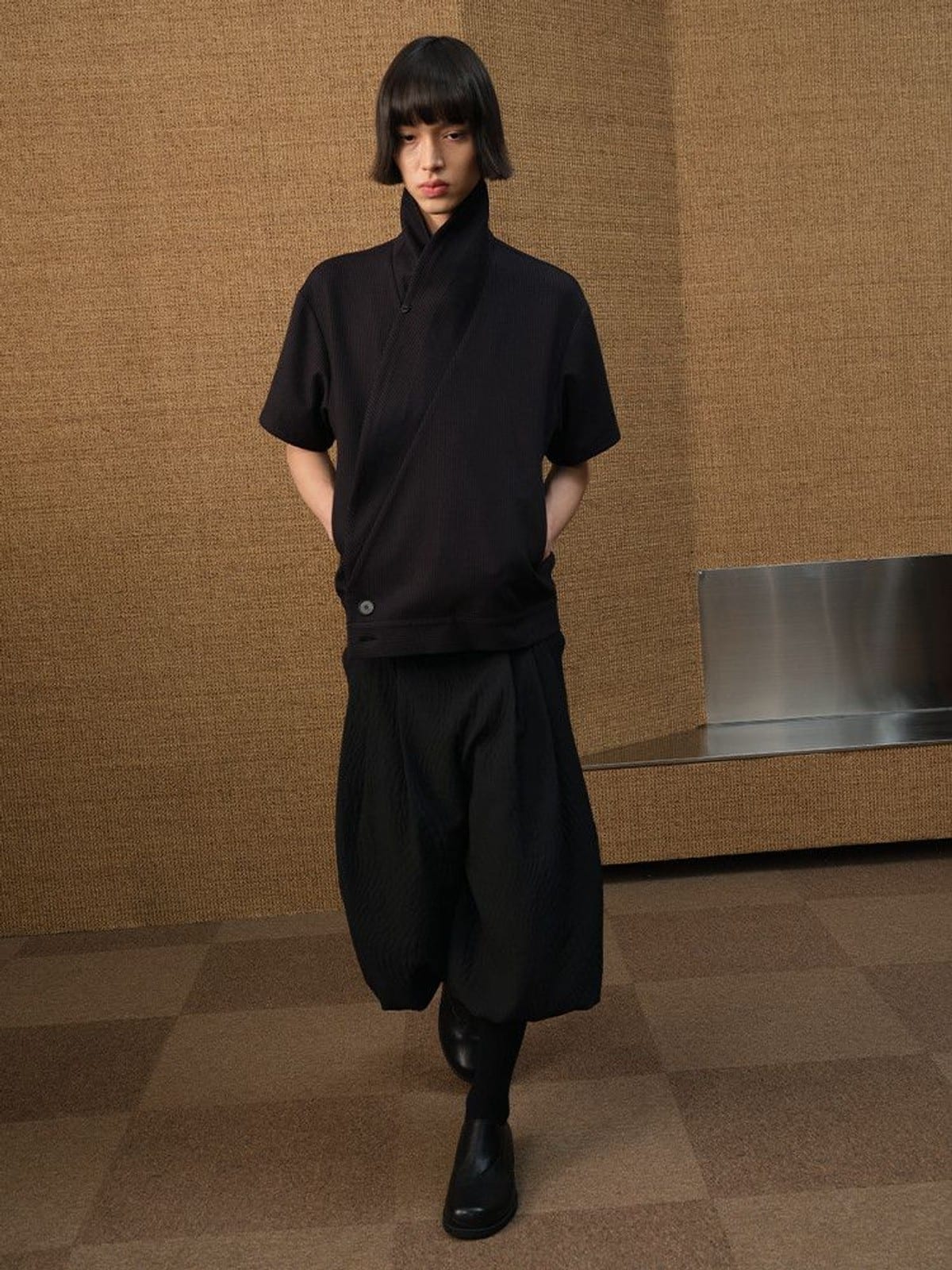 JCAESAR STUDIO Jacquard Shawl Collar Short Sleeve Shirt in Black - On Male Model