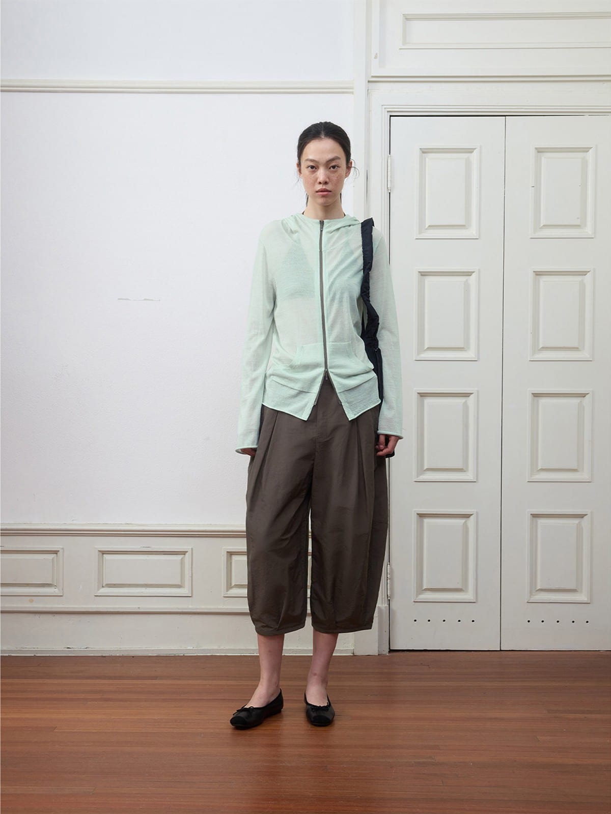 Random Piece Lightweight Merino Hooded Zip Cardigan in Mint - On Female Model