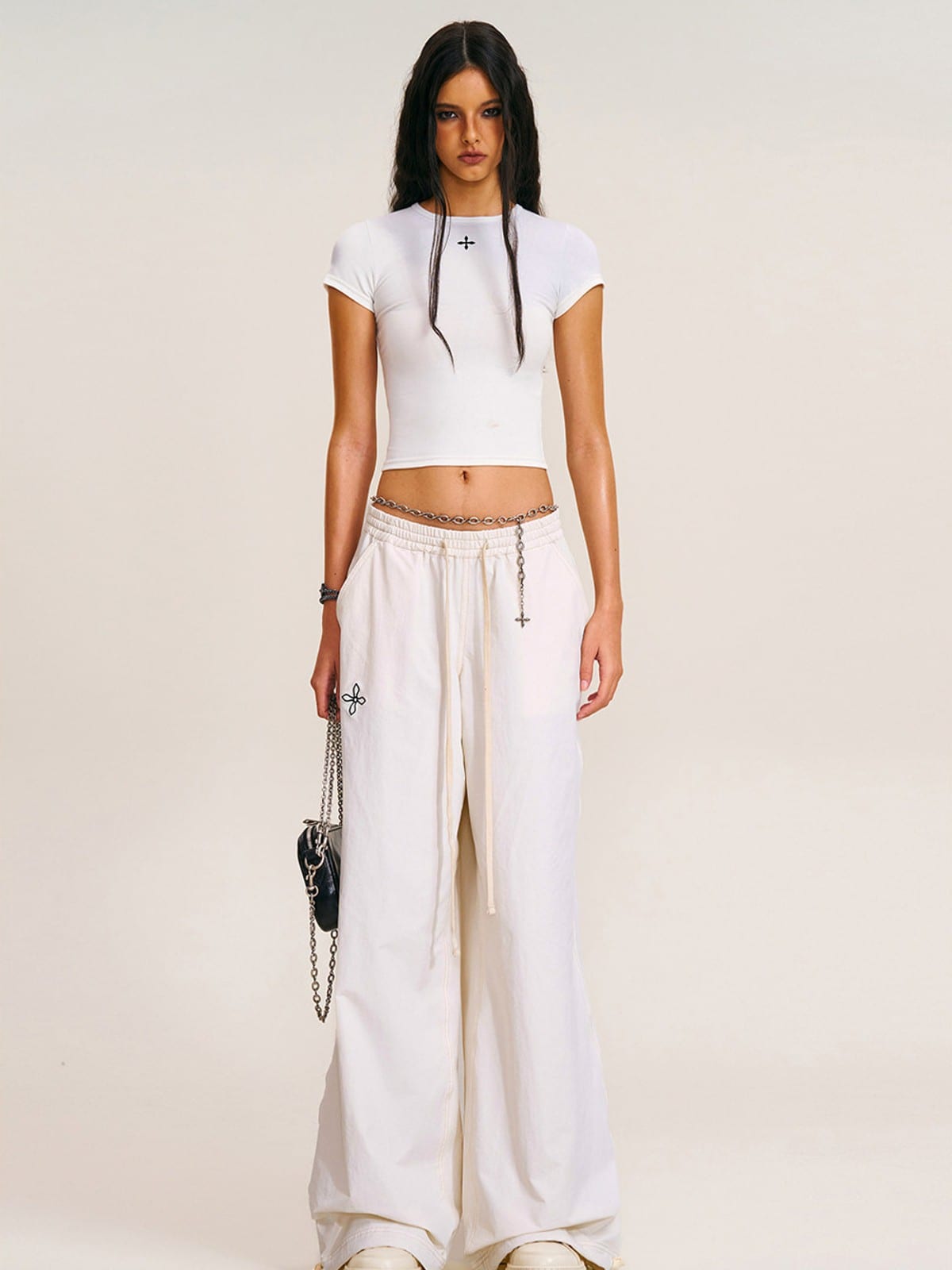 SMFK Short Sleeve Cropped T Shirt in White - On Female Model