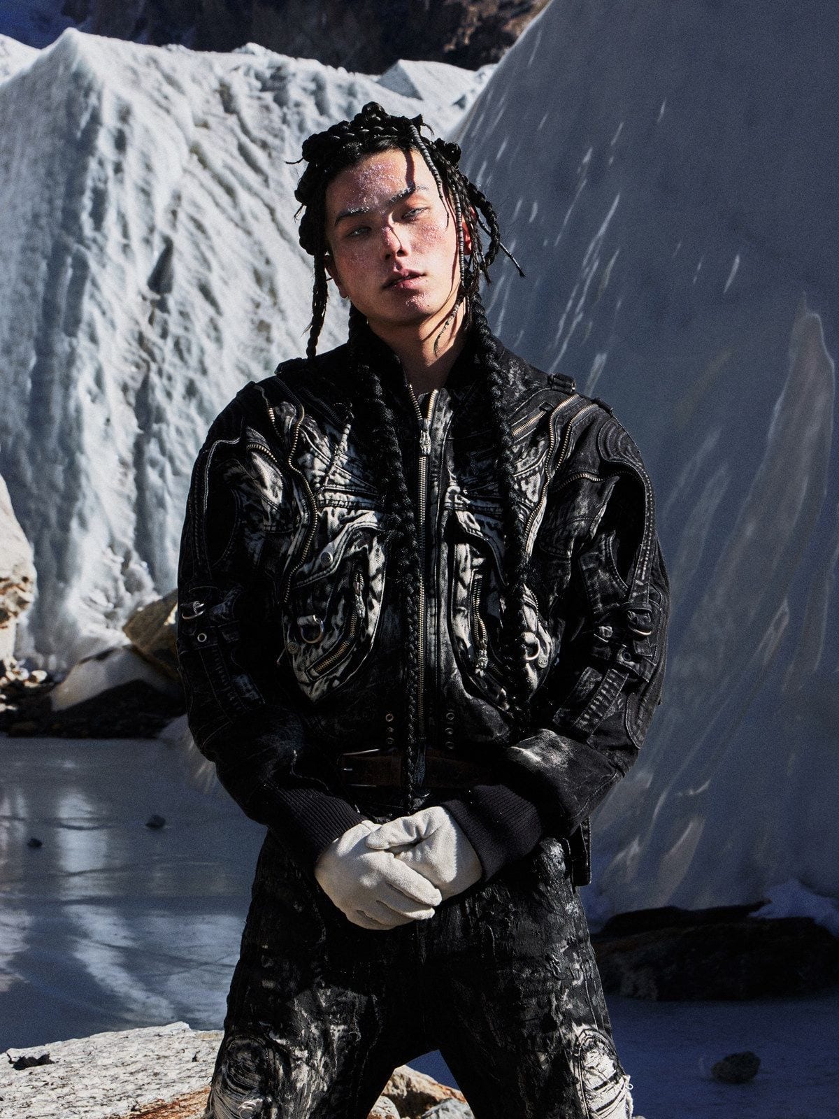PERSONSOUL Faded Ink Splash Denim Bomber in Black - On Male Model