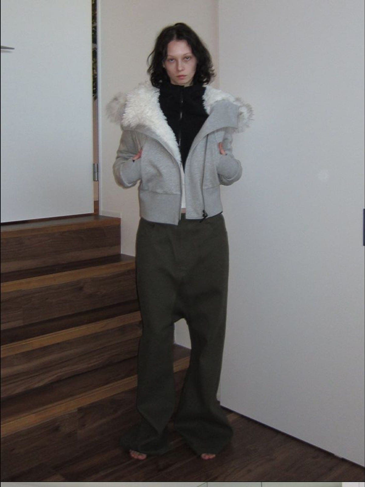 RARELY ALIKE Asymmetrical Faux Fur Trim Padded Jacket in Gray - On Female Model