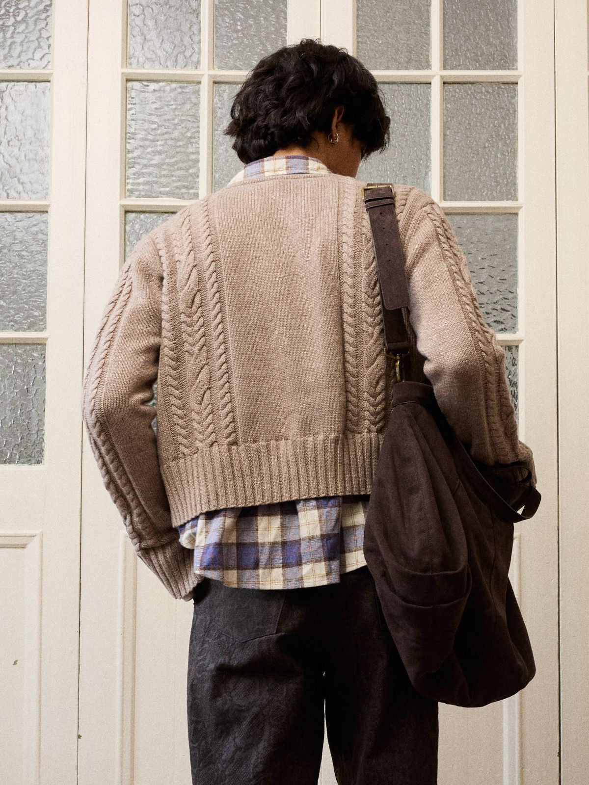 Retro 21 Wool Cable Knit Mock Layer Cardigan in Khaki - On Model