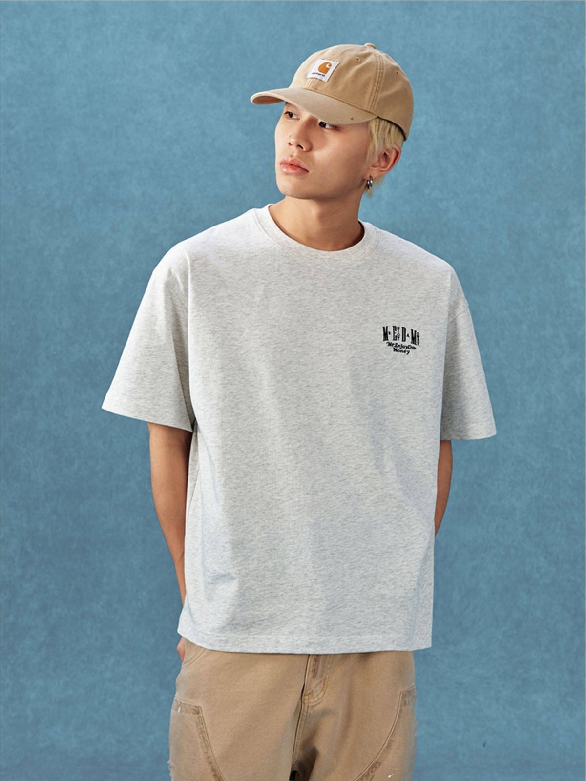 MEDM Letter Embroidery Cotton T Shirt in Gray - On Male Model