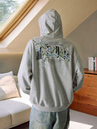 MEDM Floral Embroidered Zip Up Hoodie in Gray - On Model