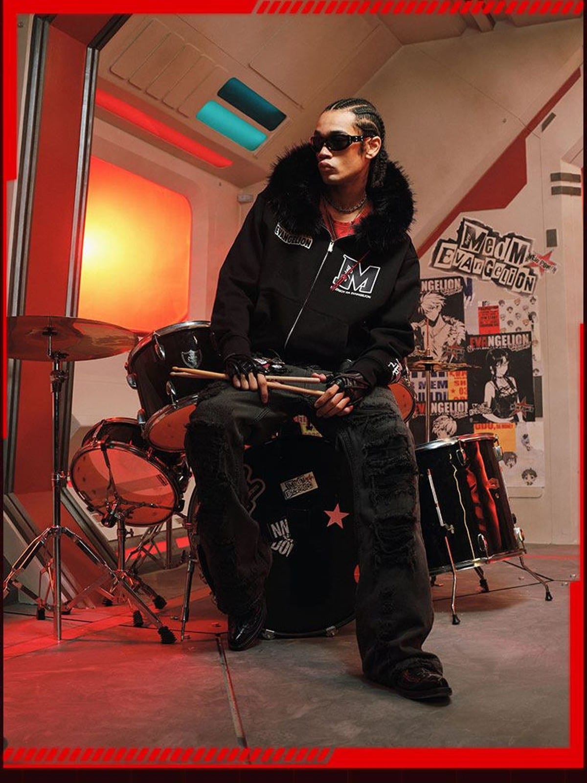 MEDM Faux Fur Trimmed Graphic Zip Hoodie in Black - On Male Model